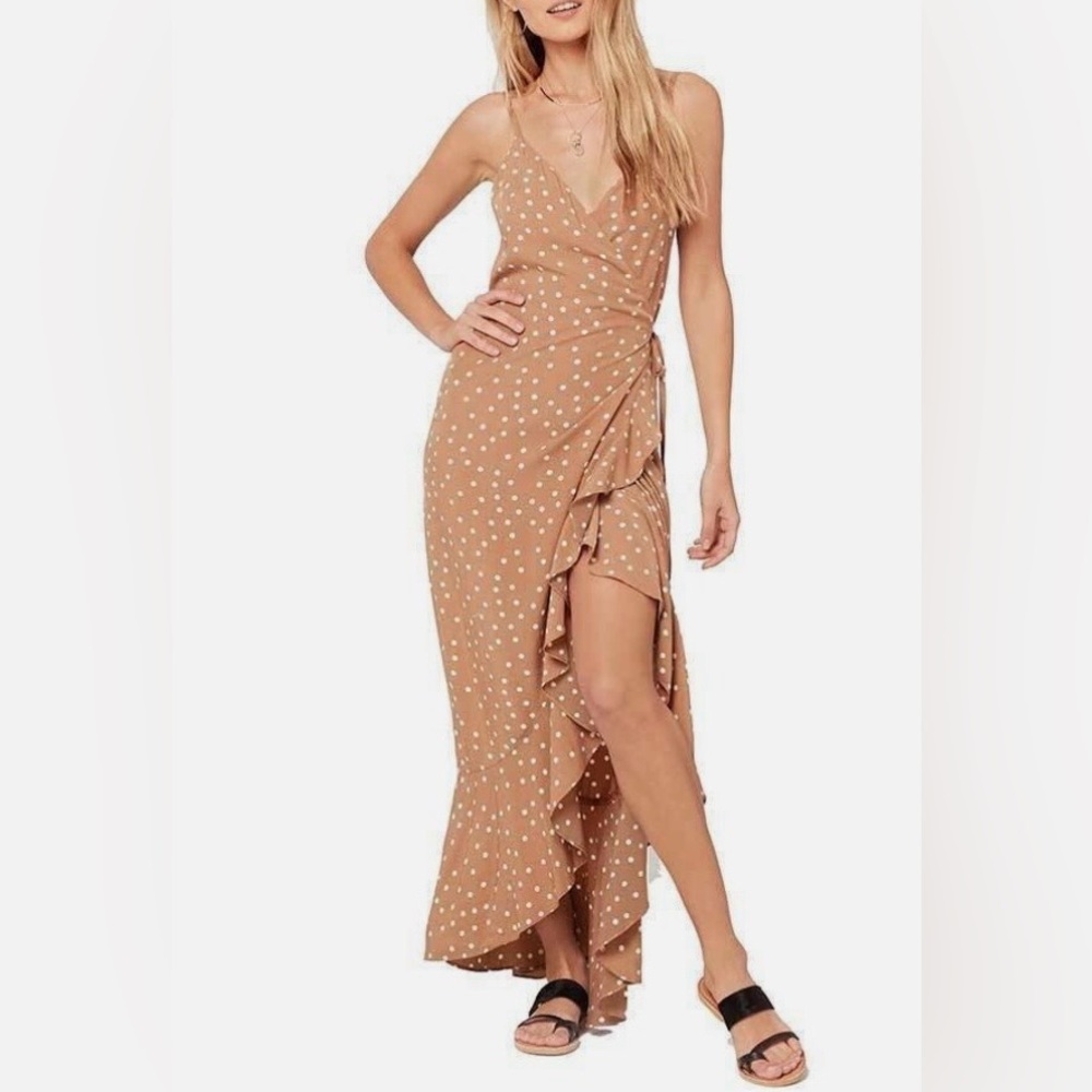 L*Space Polka Dot‎ Wrap Dress Tan Ruffle Maxi Dress Size M